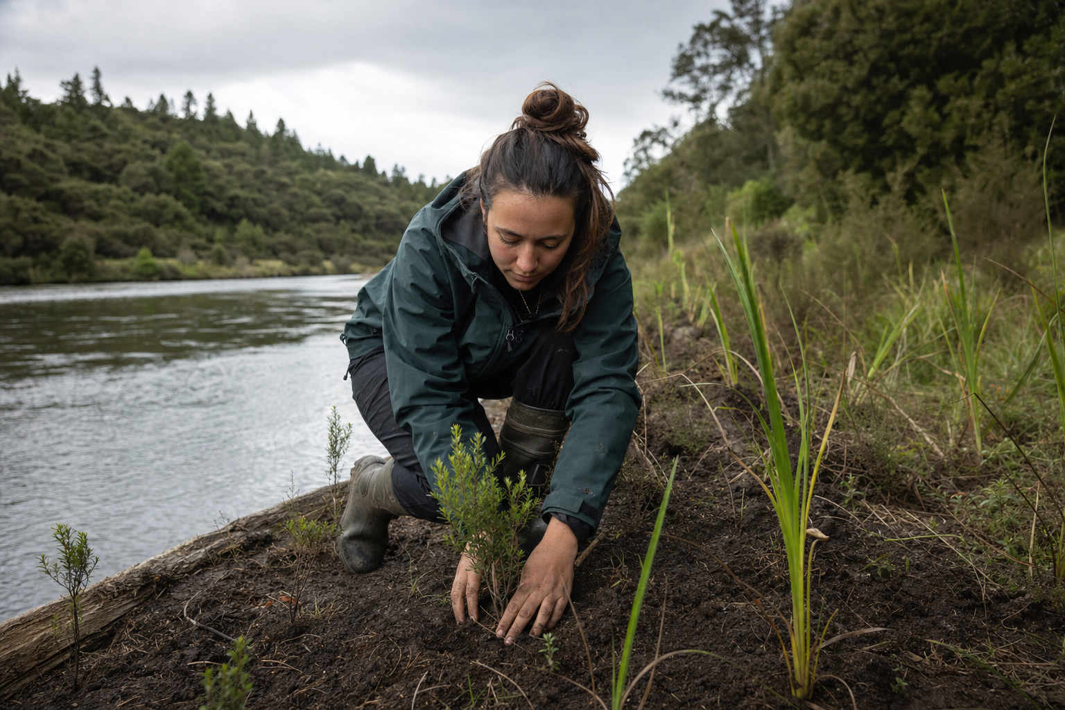 Tamati planting harakeke (flax) along a Waikato river-edge bank, mulched and staked, morning mist over the river