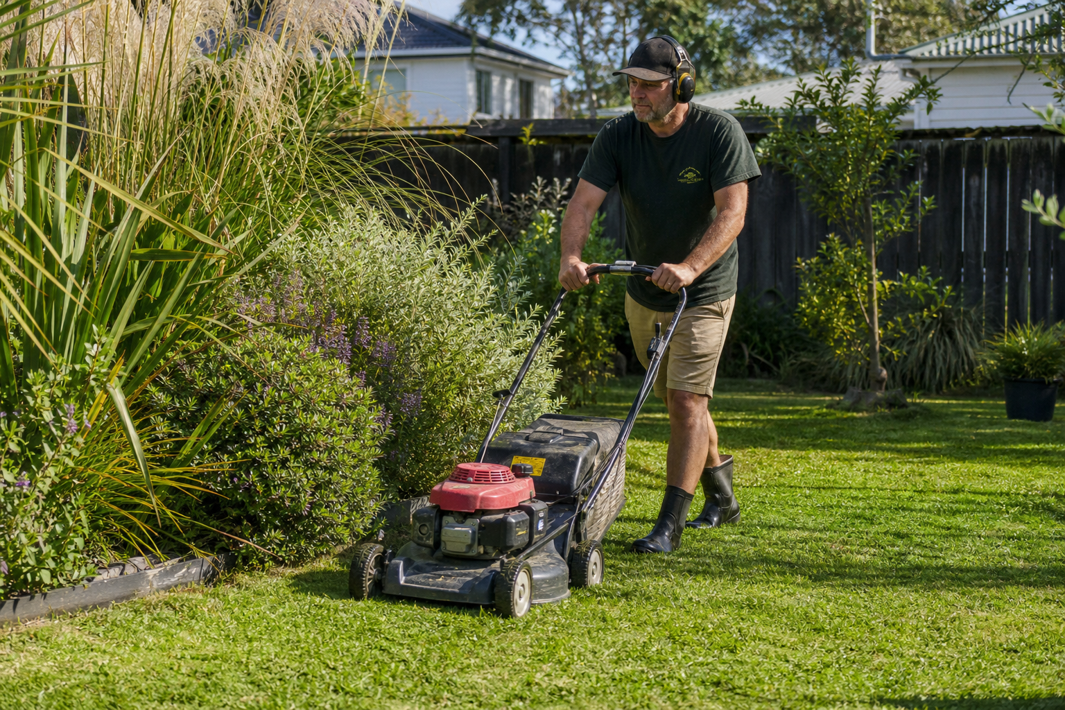 Battery mower on a Hamilton East front lawn with a clipped buxus hedge along the edge, mid-morning autumn light