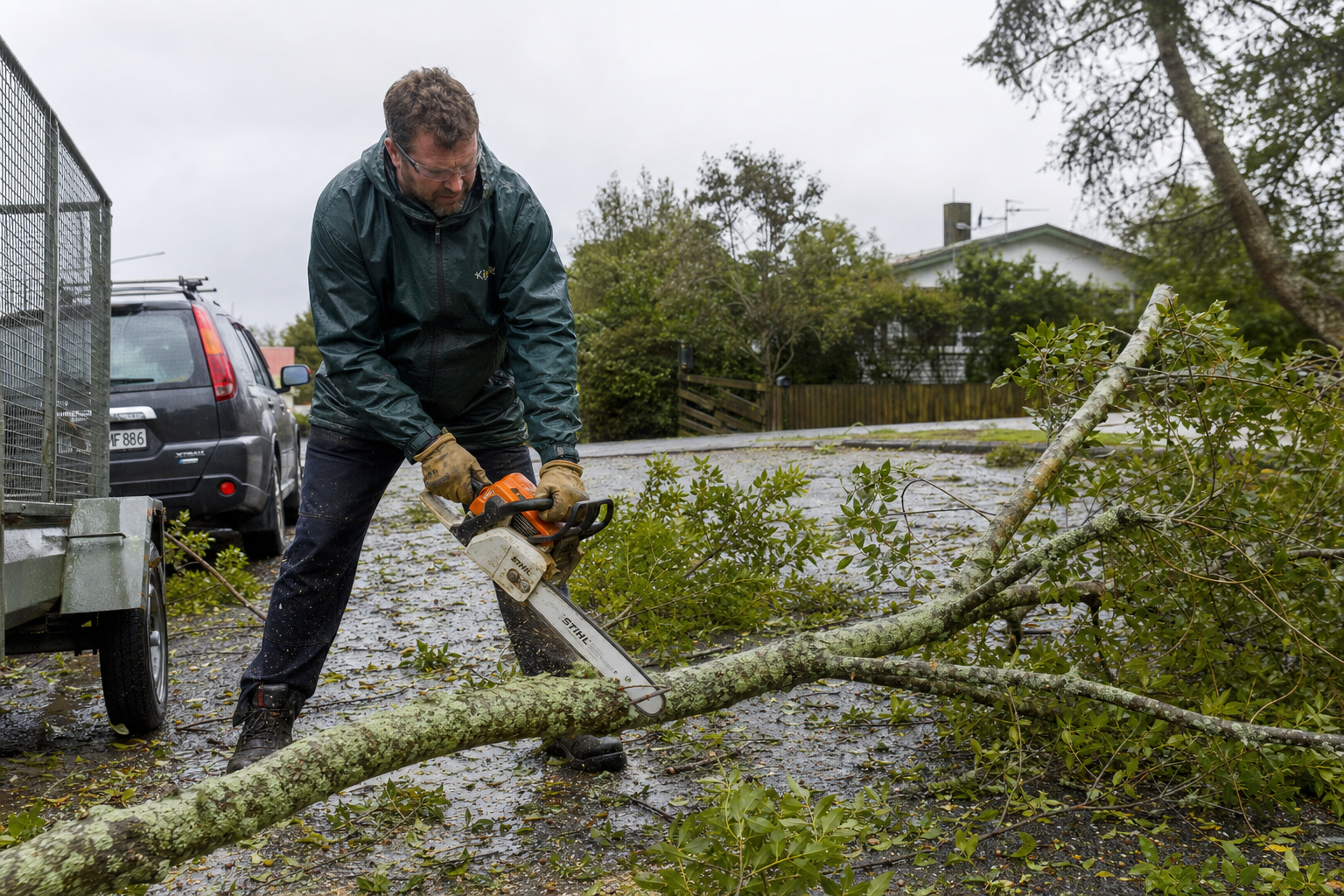 Hemi loading downed branches onto the trailer after a Waikato storm, suburban front lawn with windfall scattered