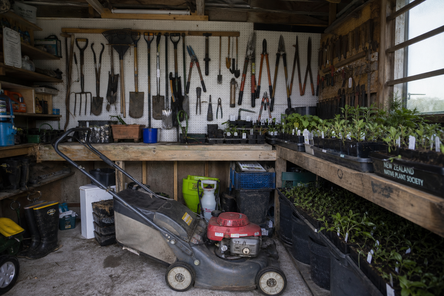 Waikato Gardener shed in Claudelands — battery mower charging, secateurs in a holster, native plants in the back of the ute